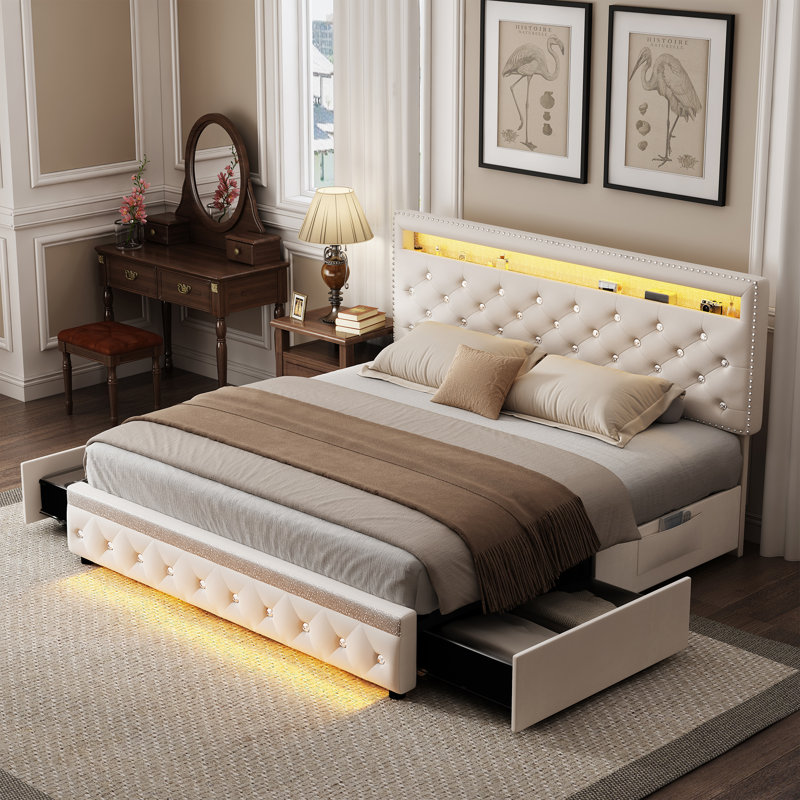 Velvet Diamond Tufted Storage Bed Frame with 2 Drawers LED Adjustable Headboard and 2 Side Pockets Ivy Bronx Size Queen